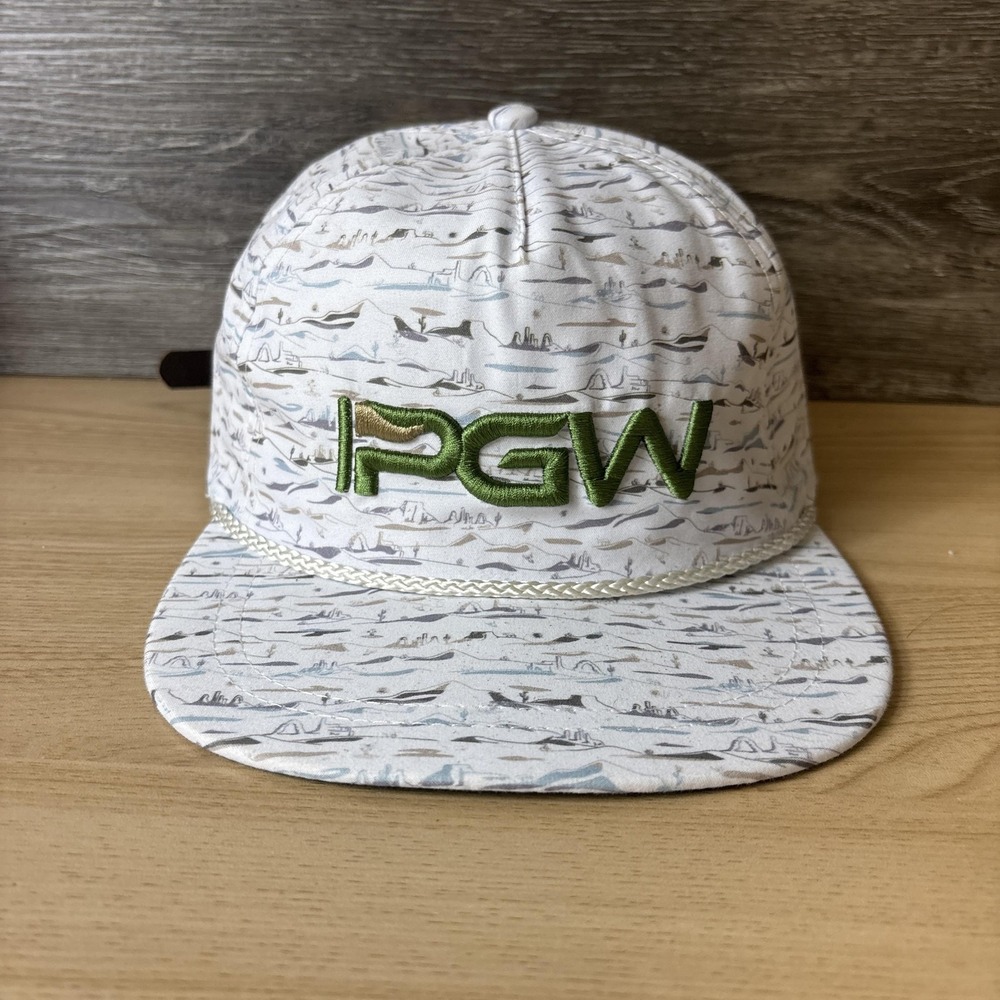 PGW Hat Cap Strap Back White Gray Green Fish Print Rope Fishing Imperial Mens
